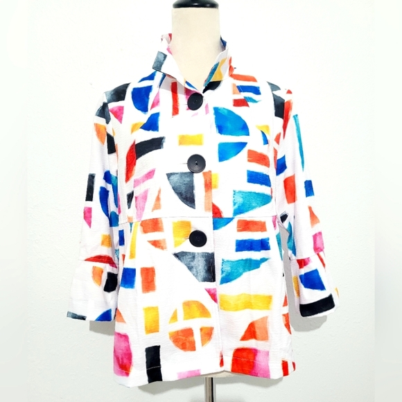 Ali Miles Abstract Art Jacket Colorful Geometric Print 3/4 Sleeve Size Small P - Picture 1 of 13